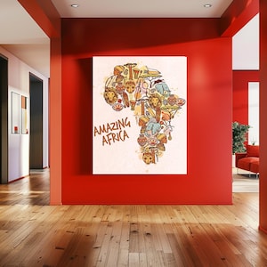 Downloadable print of Africa map, Printable wall map Africa, Large digital download map, coral blue yellow grey pink, Modern African map art