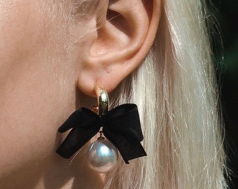 Gold Bow Earrings, Pearl Dangle Earrings, Pearl Drop Earrings, Acrylic Pearl, pearl earrings,  bow earrings , ribbon earrings, gift for her
