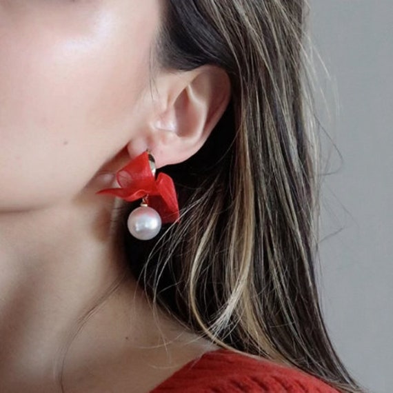 Red Bow Earrings Gold Bow Earrings Pearl Bow Earrings Bow