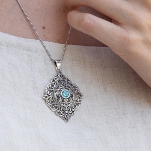 Silver Filigree Necklace, Blue Gem Necklace, Necklace for Women, Boho Silver Jewelry, Silver Blue Necklace, Blue Topaz Gemstone Necklace