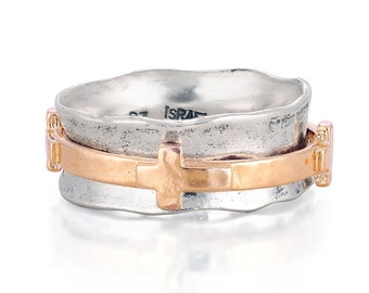 Sterling Silver Cross Spinner Ring, Rose Gold Plated Fidget Jewelry