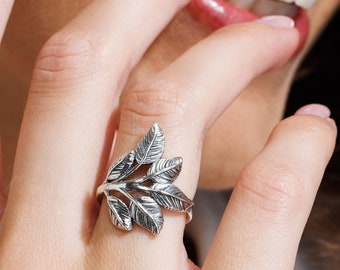 Leaves Ring, Silver Ring for Women, Statement Ring, Wrap Ring, Boho Silver Ring, Wide Ring, Boho Silver Jewelry, Nature Ring, Leaf Ring