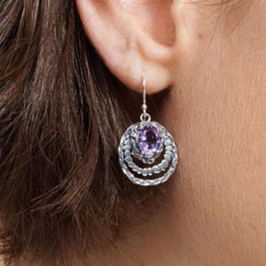 Boho zilveren oorbellen, ovale edelsteenoorbellen, zilveren bengeloorbellen, boho zilveren sieraden, zilveren paarse oorbellen, Rose de France-oorbellen