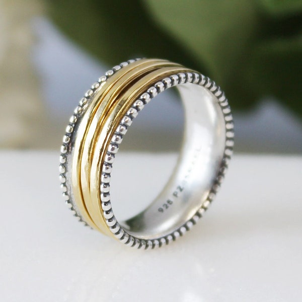 Spinner Ring, Anxiety Ring, Gold and Silver Ring, Spinner Ring for Women, Boho Silver Jewelry, Sterling Silver Spinner Ring, Meditation Ring