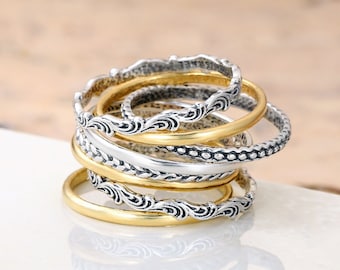 Silber Stapelringe, Stapelringe für Frauen, Silber Ringe Set, Boho Silber Schmuck, Gold Silber Stapelringe, 8 Ringe Set, Dünne Stapelringe