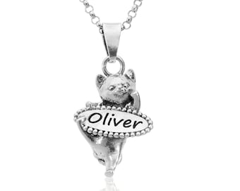 Colar com nome de gato em prata de lei, joia personalizada para animais de estimação
