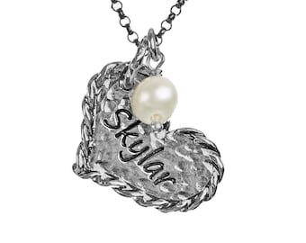 Engraved Sterling Silver Heart Necklace, Personalized Name, Pearl, Handmade