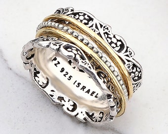 Sterling Silver Vintage Spinner Ring - Anxiety Fidget Spinny Ring - Handmade Jewelry - Made In Israel Filigree Band Ring For Her