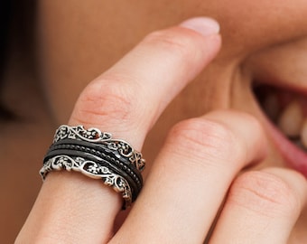 Zwart zilveren ring, spinner ring, Chucky ring, angst ring, ring voor vrouwen, Boho zilveren sieraden, fidget ring, meditatie ring, filigraan ring