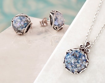 Sterling Silber Römisches Glas Schmuck Set, Handgemachte Israelische Halskette Ohrringe