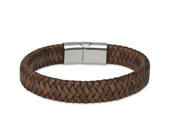 Pulsera trenzada de cuero marrón con cierre de acero inoxidable para hombre.