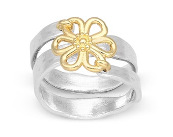Handmade Sterling Silver Wrap Ring with Gold Plated Flower