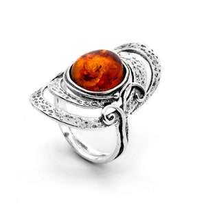 Amber Ring, Orange Silver Ring, Statement Ring, Oval Gem Ring, Large Ring, Boho Silver Jewelry, Ring for Women, Long Ring, Gemstone Ring