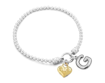 Sterling Silver Initial Bracelet, Beaded Charm Bracelet, Personalized Jewelry