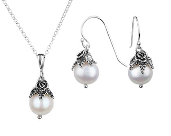Sterling Silver Pearl Jewelry Set, Handmade Floral Necklace Earrings
