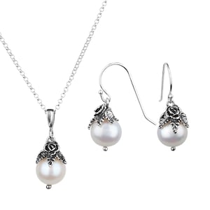 Perlenschmuck-Set aus Sterlingsilber, handgefertigte Blumenhalsketten-Ohrringe Bild 1