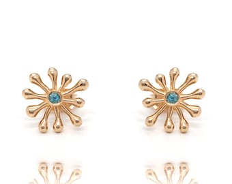 14K Gold Sunburst Gemstone Stud Earrings, Handmade