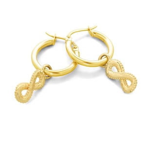 May include: Gold hoop earrings with a small infinity charm hanging from each hoop.