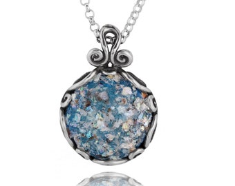 Sterling Silver Round Pendant Bazel Set Roman Glass Patina - Natural Organic Boho Jewery For Her - Unique Elegant Made In Israel Neclace