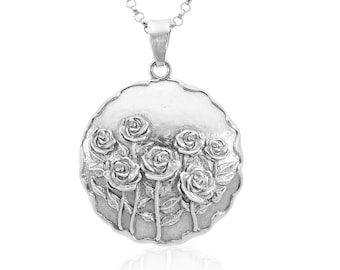 Roses Necklace, Floral Necklace, Silver Gold Necklace, Nature Necklace, Boho Silver Jewelry, Silver Necklace Women, Medallion Necklace