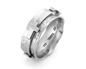 Sterling Silver Cross Spinner Ring, Religious Fidget Jewelry
