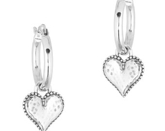 Sterling Silver Heart Hoop Earrings, Handmade Dangle Charms