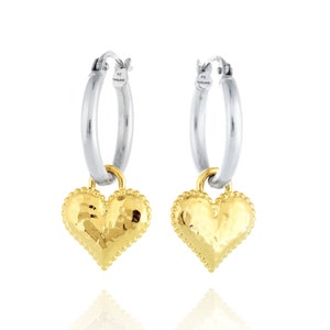 Brincos de coração, brincos de argola de coração, brincos para mulheres, joias de prata exclusivas, brincos de argola com pingente, brincos de argola de coração, brincos de dois tons