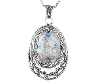 Roman Glass Necklace, Silver Necklace Women, Roman Glass Jewelry, Large Necklace, Leaves Necklace, Boho Silver Necklace, Blue Gem Necklace