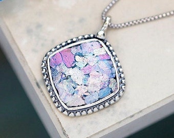 Roman Glass Necklace, Silver Necklace Women, Roman Glass Jewelry, Boho Silver Necklace, Glass Necklace, Blue Gem Necklace, Square Necklace