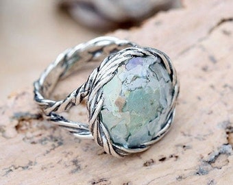 Sterling Silver Roman Glass Ring - Twisted Ring - Vintage Wire Wrapped Big Organic Stone Ring - Natural Jewelry Gift For Her - Jewelry
