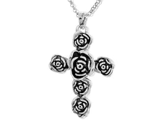 Cross Necklace, Flower Cross Necklace, Religious Necklace, Boho Silver Jewelry, Christian Necklace, Cross Pendant, Necklace for Women