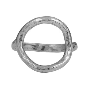 May include: A silver ring with a hammered texture and a circular design. The ring features a thick band and a large, open circle in the center. The ring is made of a shiny, metallic material.