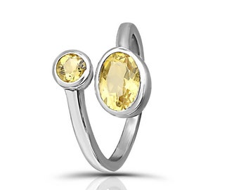 Citrine Gemstone Sterling Silver Bypass Ring, Handmade