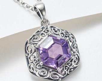 Sterling Silver Amethyst Hexagon Necklace, Handmade Boho Jewelry
