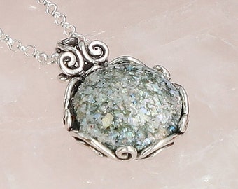 Roman Glass Necklace, Silver Necklace for Women, Roman Glass Jewelry, Boho Silver Necklace, Blue Gem Necklace, Vintage Style Necklace