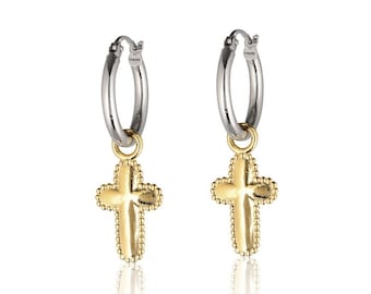 Sterling Silver Cross Hoop Earrings, Gold Plated Charm