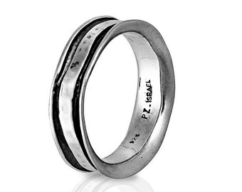 Handmade Sterling Silver Hammered Band Ring, Mens Boho Jewelry