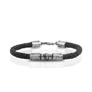Men Silver Bracelet, Leather Bracelet for Men, Braided Leather Bracelet, Boho Silver Jewelry, Silver leather Bracelet, Men Black Bracelet