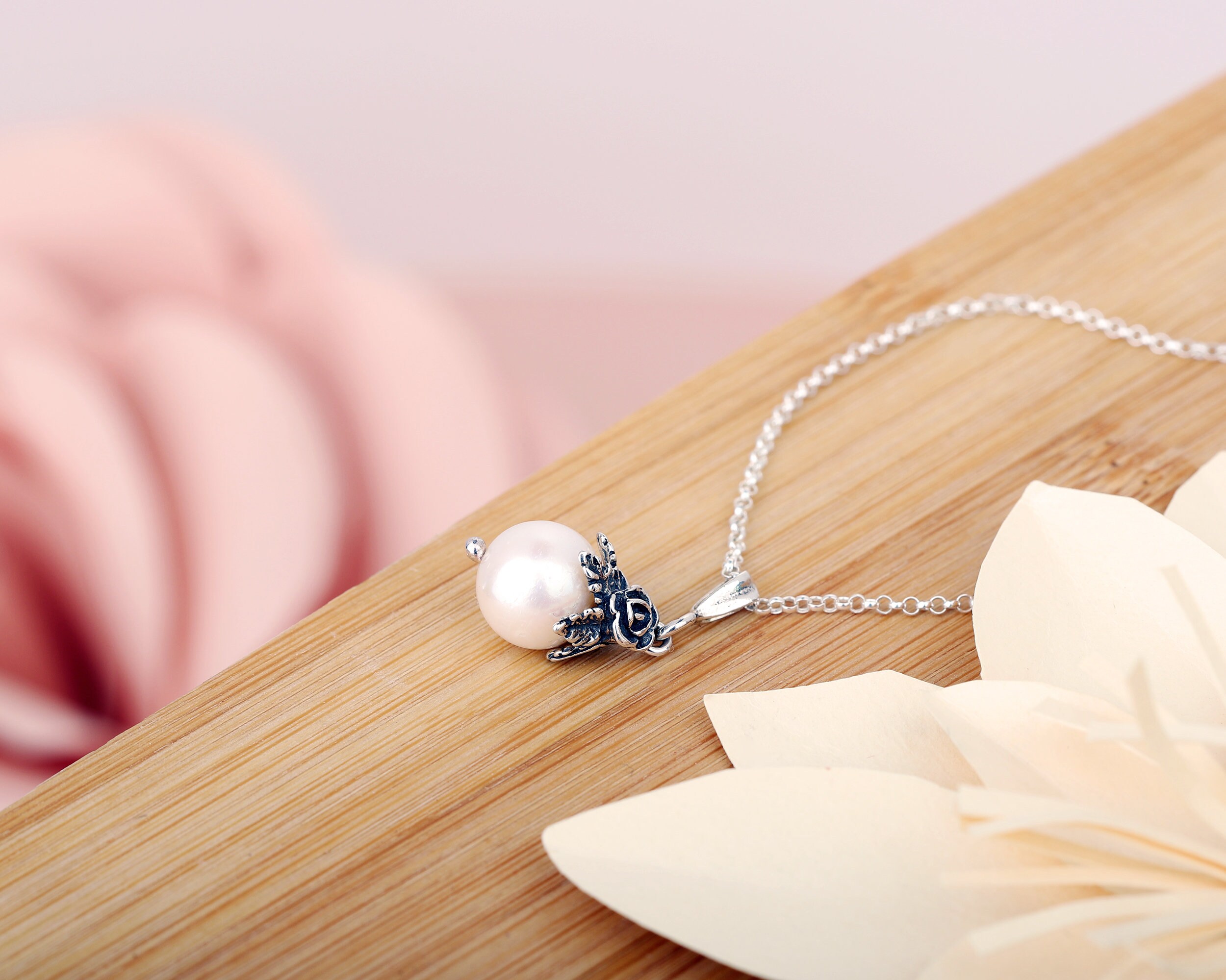 Pearl Necklace, Pearl Pendant, Silver Pearl Necklace, Boho