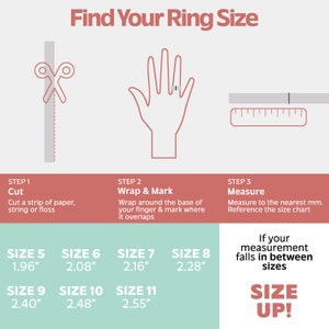 Puede incluir: Un diagrama que muestra c&oacute;mo medir el tama&ntilde;o de tu anillo usando una tira de papel, cuerda o hilo dental. El diagrama muestra tres pasos: cortar, envolver y medir. El diagrama tambi&eacute;n incluye una tabla de tallas con tama&ntilde;os de anillo que van del 5 al 11, con las medidas correspondientes en pulgadas.