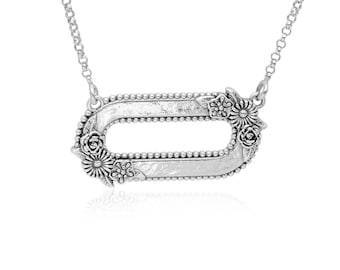 Sterling Silver Rectangle Flower Necklace, Handmade Boho Pendant