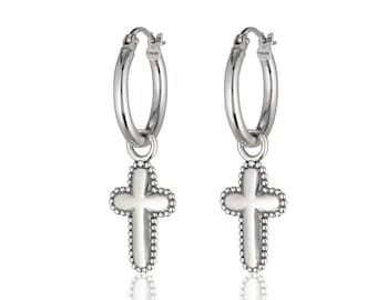 Gold Plated Cross Hoop Earrings, Israeli Jewelry