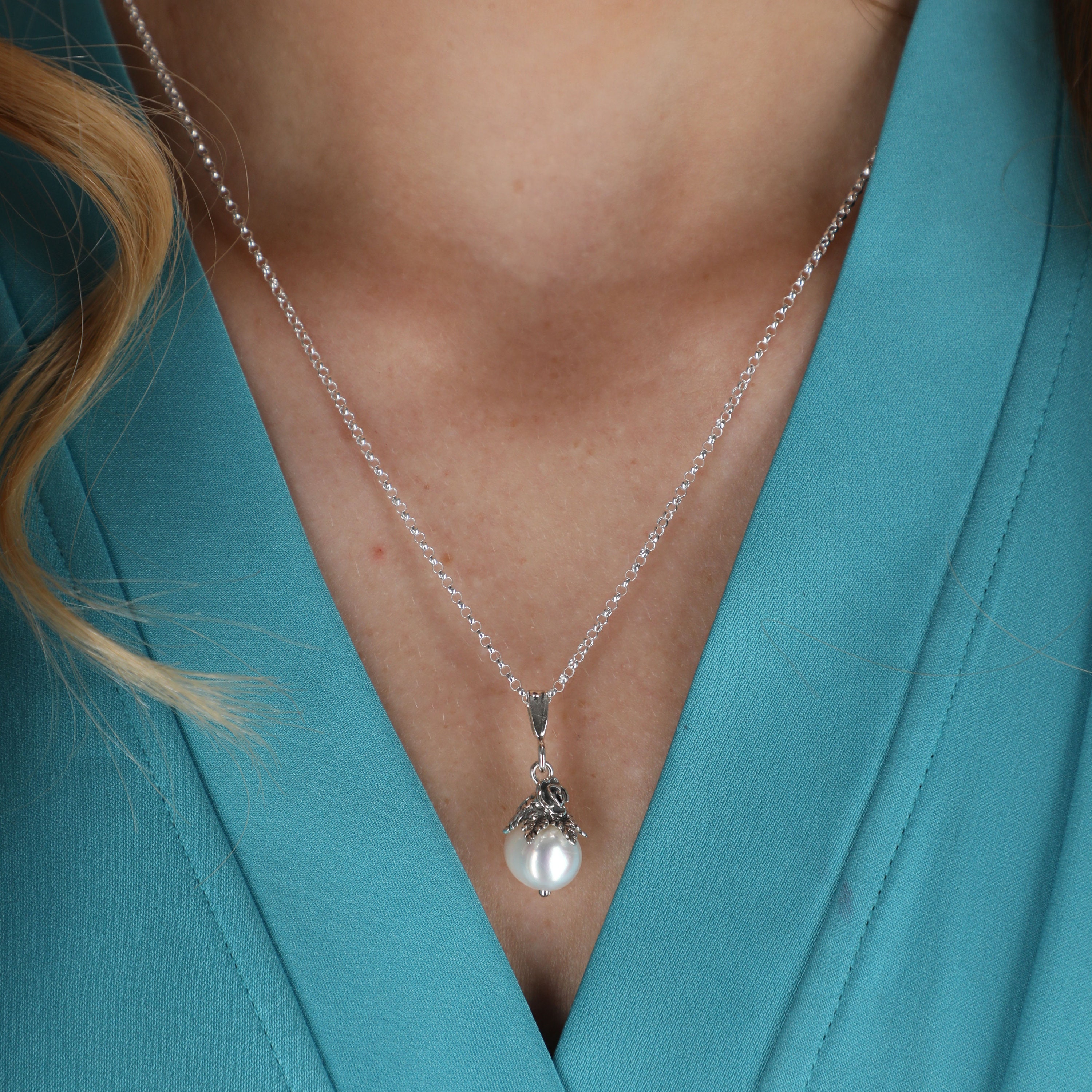 Pearl Necklace, Pearl Pendant, Silver Pearl Necklace, Boho