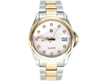 Two-Tone Stainless Steel Watch, Mother of Pearl Face, CZ Crystals