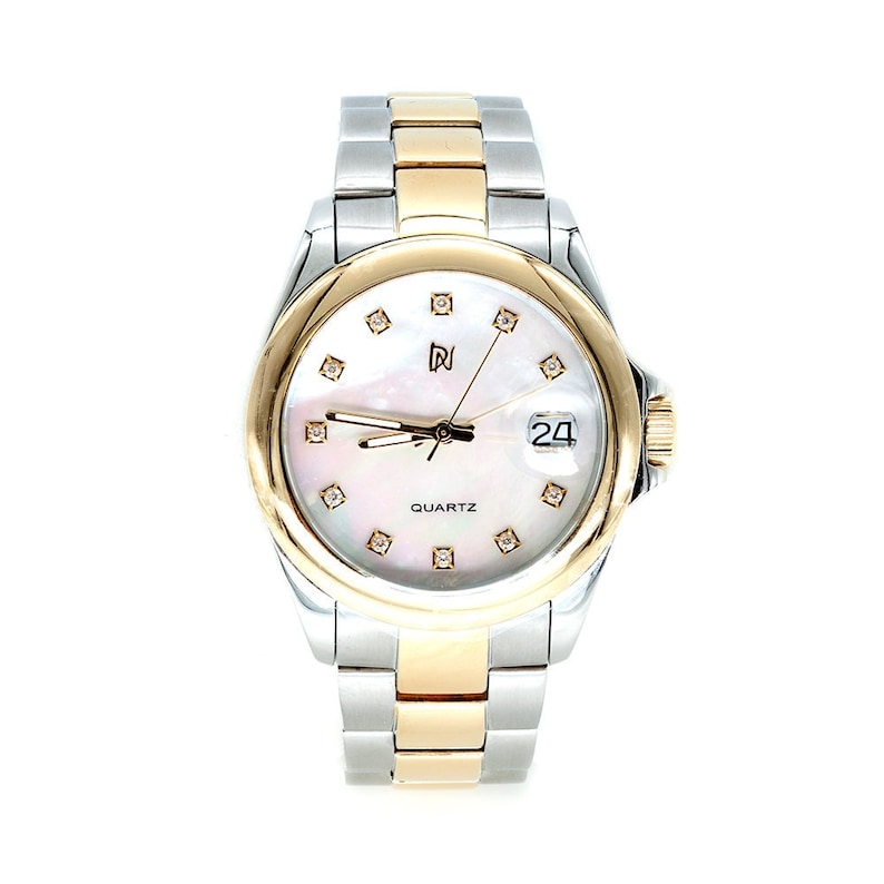 May include: A two-tone gold and silver wristwatch with a white mother-of-pearl face and diamond hour markers. The watch has a date window at the 3 o'clock position and the words "QUARTZ" and "24" printed on the face.