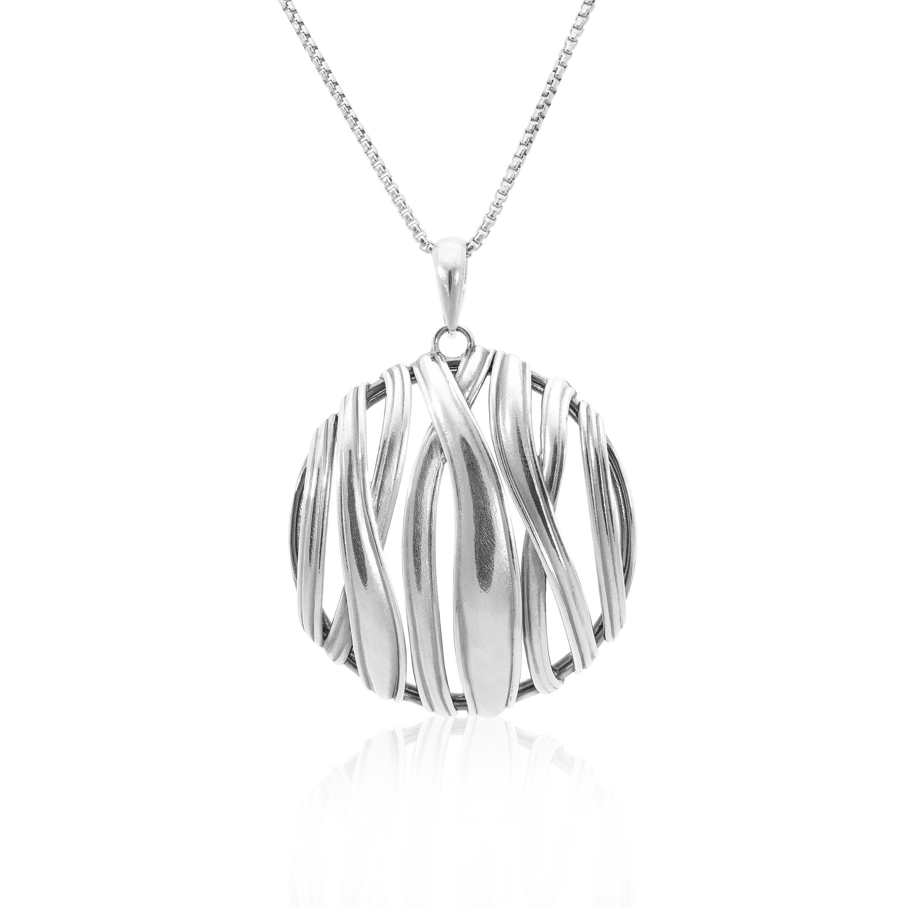 Round Necklace, Large Silver Necklace, Woven Necklace, Boho Silver Jewelry, Necklace for Women, Silver Medallion Necklace, Striped Necklace