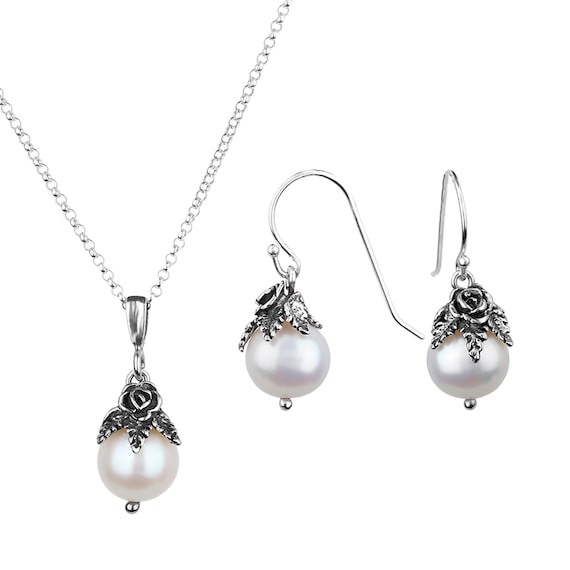 Sterling Silver Pearl Jewelry Set, Handmade Floral Necklace Earrings