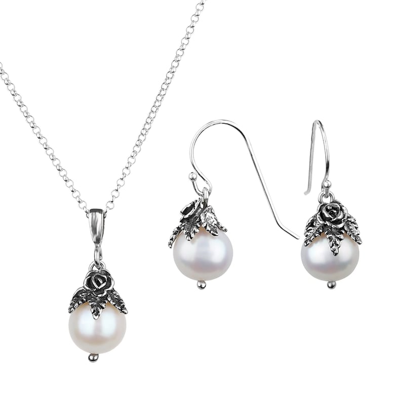 Perlenschmuck-Set aus Sterlingsilber, handgefertigte Blumenhalsketten-Ohrringe Bild 1