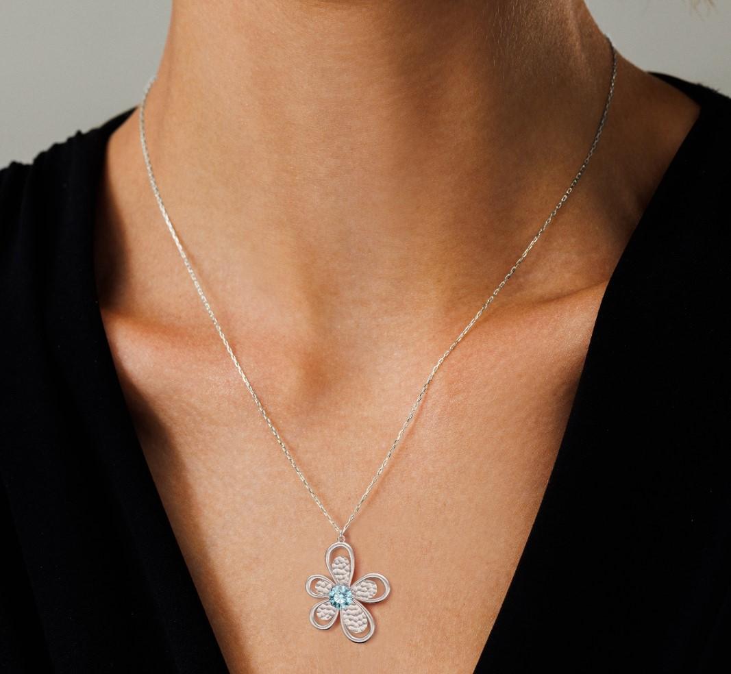 Collier Pendentif Fleur En Argent 925 Avec Améthystes - Neuf Sans Emballage, Pierres Naturelles
