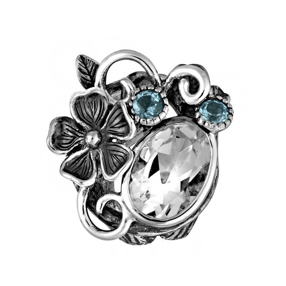 スターリングシルバーのフローラルリング、スイスブルートパーズと
